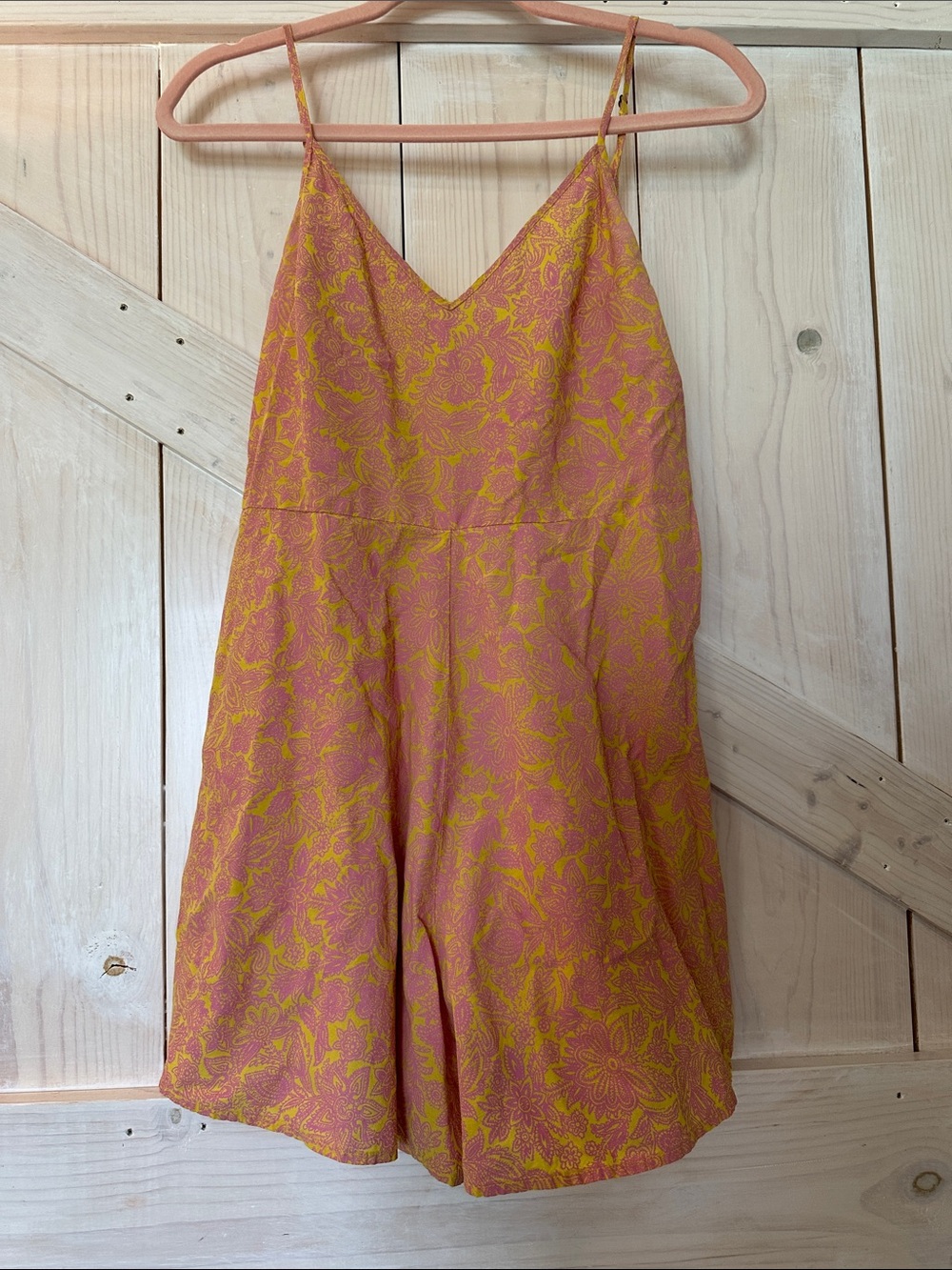 Fun Orange pink and yellow floral paisley summer romper XS